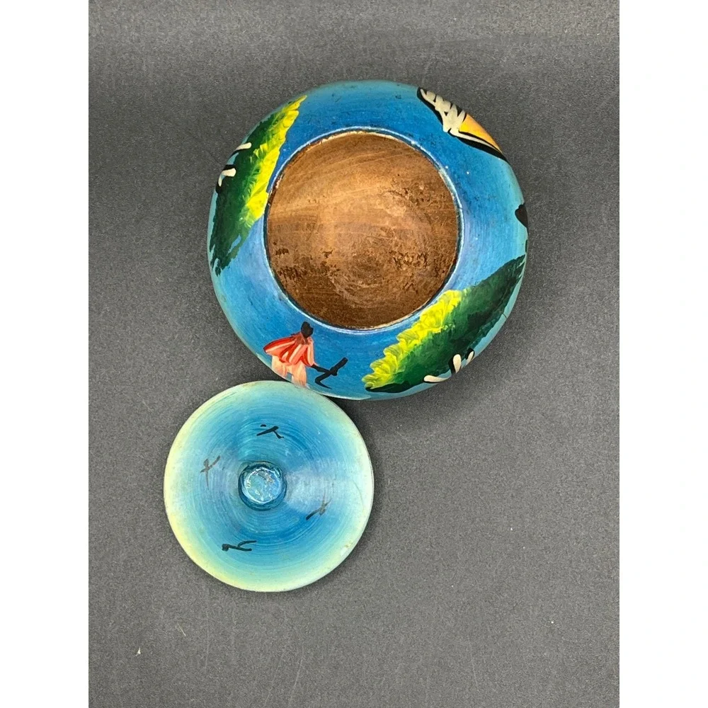 Hand Painted‎ Trinket Box African Village Scene Lidded Jar Decor Small 3